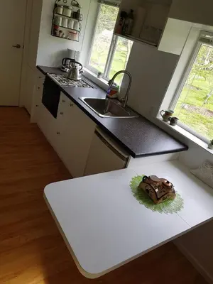 a kitchen with a counter top with a bowl on it at Cozy Cabin, 2 min to the HWY1 in Tappen
