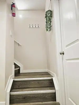 a hallway with stairs with a door and a plant at A Cozy Home away from Home in Edmonton