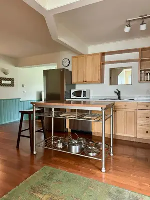 a kitchen with a counter with pots and pans at Blue Cypress Suite- Downtown Tofino in Tofino