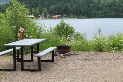 a picnic table and bench next to a lake at Hotel Civilia Lakeside by Civilia Golf Retreat in Clearwater