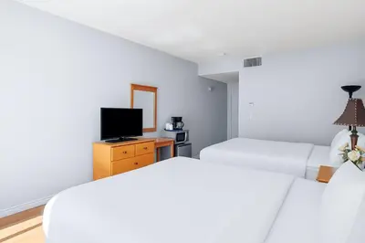 two beds in a room with a tv at Canmore Getaway 2 Beds plus Savings in Canmore