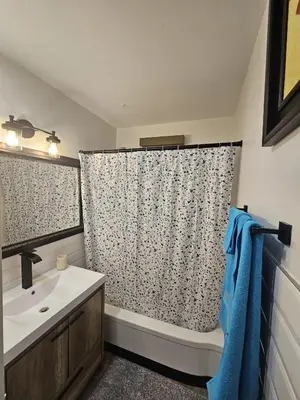 a bathroom with a sink and a shower curtain at Aansel Suites QUEEN ROOM in Edmonton
