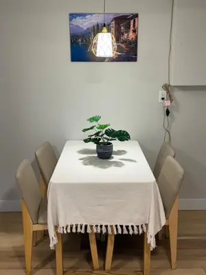 a dining room table with a potted plant on it at Vancouver Lake City Way Guesthouse 10 min to SkyTrain in Burnaby