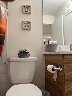 a bathroom with a white toilet and a sink at Full Luxury home 4 BD ,AC,sleep 14,BBQ, 2V Garage in Edmonton