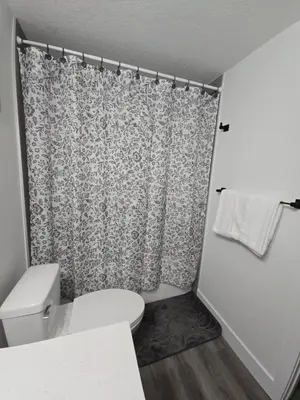 a bathroom with a toilet and a shower curtain at 2 bedroom cozy suite in NW edmonton with separate entrance, FreeWifi, driveway Parking, Netflix, AC, airport pickup in Edmonton