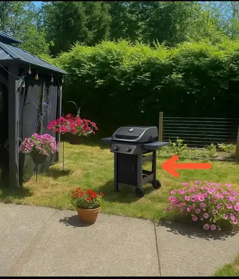 a grill in a yard with flowers in the grass at Deep Cove holiday in North Vancouver