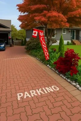a driveway with a sign that reads parking in front of a house at Deep Cove holiday in North Vancouver