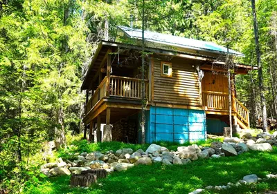 a log cabin in the middle of a forest at Logden Lodge in Nelson