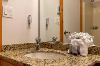 a bathroom counter with a sink and a mirror at Timberline - Spruce Lodge by Fernie Central Reservations in Fernie