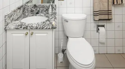 a bathroom with a toilet and a sink at Centrally located 1 Bed 1 Bath Ensuite Cute Guest Suite Private Laundry Pet OK in Calgary