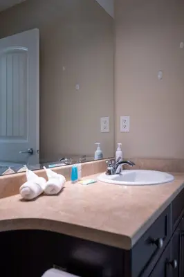 a bathroom counter with a sink and a mirror at 3BR 2BA Surrey Home | Quiet & Convenient in Surrey