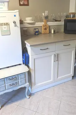 a kitchen with white cabinets and a refrigerator at Private SweetSuite 1 Bdrm Bathroom mini-kitchen in Kamloops