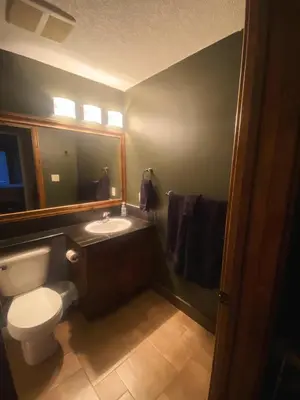 a bathroom with a toilet and a sink and a mirror at Sable Ridge Retreat in Radium Hot Springs