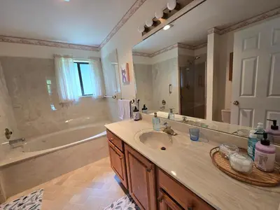 a bathroom with a sink and a tub and a large mirror at Luxury 3BR Home, 2 King Beds, Near cafes and groceries in North Vancouver