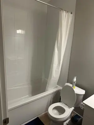 a bathroom with a toilet and a bathtub with a shower curtain at Oisede in Edmonton