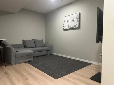 a living room with a couch and a television at Oisede in Edmonton