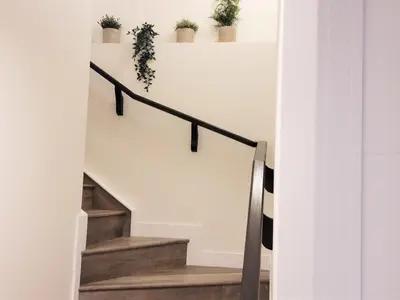 a staircase with potted plants on the wall at Lovely Modern 2 Bedroom Basement Suite in Edmonton
