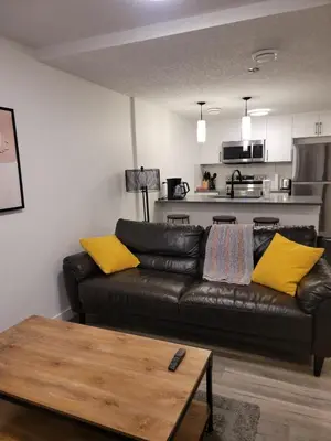 a living room with a black leather couch and yellow pillows at Lovely Modern 2 Bedroom Basement Suite in Edmonton