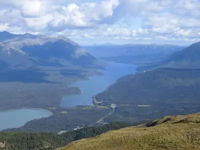 a view of a lake from the top of a mountain at Tatogga Lake Resort in Iskut
