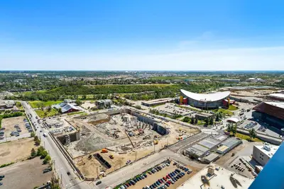 an aerial view of a large construction site at The Getaway Next to Stampede 2BR Suite Downtown in Calgary