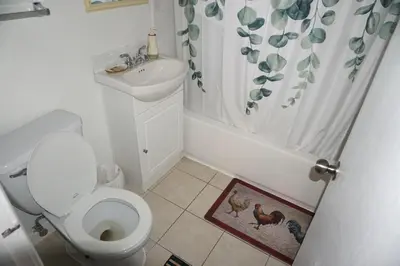 a bathroom with a toilet and a sink and a shower curtain at Hotel Room 2 in Coquitlam