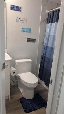 a bathroom with a toilet and a blue shower curtain at Cozy Escape Guest Suite in Edmonton