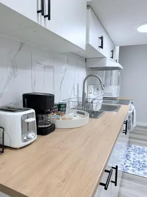 a kitchen with a counter with a toaster and a sink at Spacious 2 bedroom 3 beds lower unit with separate entrance and parking space Near Downtown, Calgary Zoo, Costco and many more in Calgary