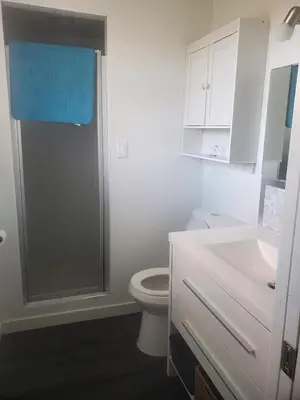 a white bathroom with a toilet and a sink at Just across from the lake ! in Kelowna