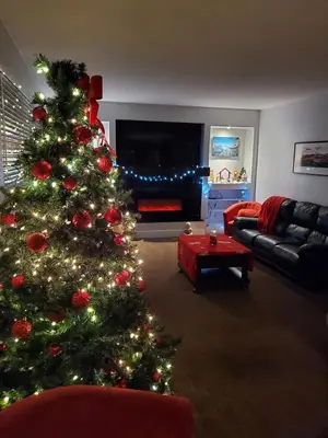 a living room with a christmas tree in a living room at Just across from the lake ! in Kelowna