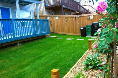 a yard with a blue fence and green grass at Entire suite Queen BRM Big Window Prvt Entry Patio in Edmonton