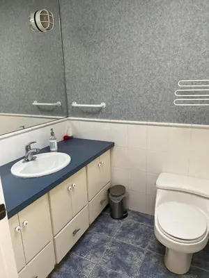 a bathroom with a sink and a toilet and a mirror at Sweet Home in Vancouver