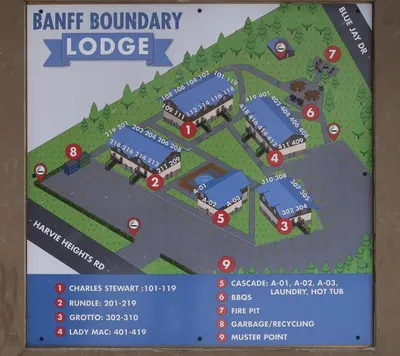 a map of the park boundary lodge at Rocky Mountain Gem - One Level 750 sq ft - Hot Tub - Quiet Condo - Self Check-In - Free Parking - BBQ Fire Pit Area in Canmore