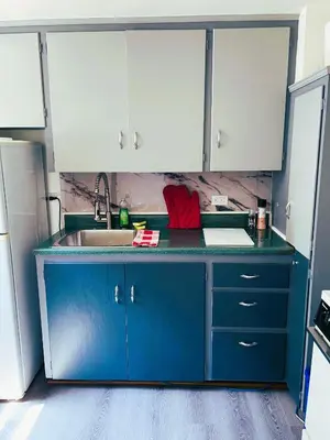 a kitchen with blue cabinets and a sink at Cabernet Sauvignon Escape in Calgary
