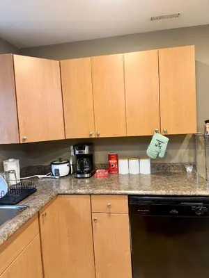 a kitchen with wooden cabinets and a counter top at Peaceful House with Backyard in Langley