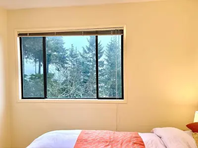 a window in a room with a bed in front of it at Departure view in Nanaimo