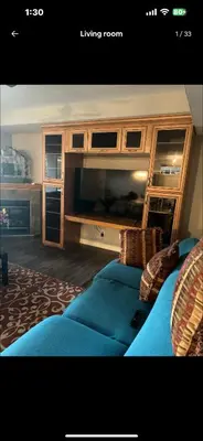 a living room with a blue couch and a television at Rooms for Hosting in Calgary