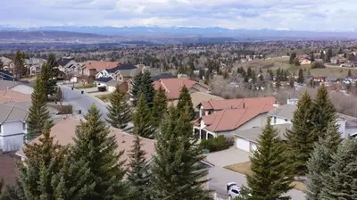 an aerial view of a residential neighborhood with trees at Spacious mountain view guesthouse in Calgary