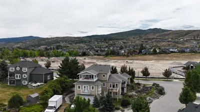 an aerial view of a residential neighborhood with houses at Relaxing Lakeview 2 bedroom entire suite in Kelowna