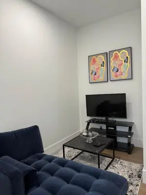 a living room with a blue couch and a tv at Calm & Cozy Private Suite in Surrey