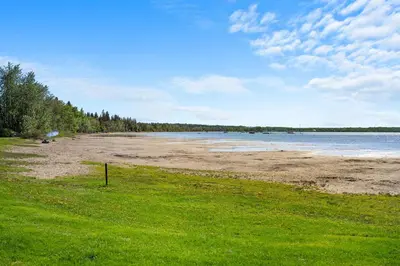 a beach with green grass and water and trees at Kinepik Cottage Sunroom with Beach Access in Sylvan Lake