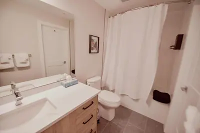 a white bathroom with a toilet and a sink at New Vaulted Ceilings 3 Beds AC Views in Golden