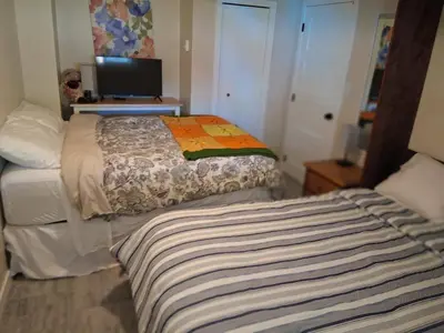 a small bedroom with two beds and a television at Gordon Head Bed & Breakfast 2 Bathroom 4TV 5 Beds, Private Yard, Kids Gym & Games, Breakfast, WorkStn, Laundry, Kitchen in Victoria