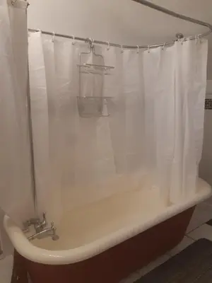 a bathroom with a bath tub with a shower curtain at Gordon Head Bed & Breakfast 2 Bathroom 4TV 5 Beds, Private Yard, Kids Gym & Games, Breakfast, WorkStn, Laundry, Kitchen in Victoria