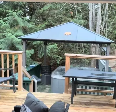 a ping pong table with a blue ping pongopter on top at Charming Lakefront 100yr old Railway Cottage in Youbou