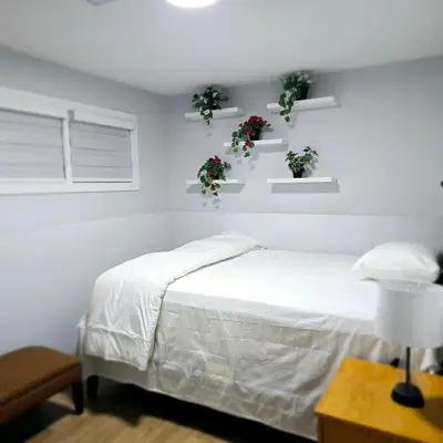a bedroom with two shelves with plants on the wall at Dream house in Edmonton