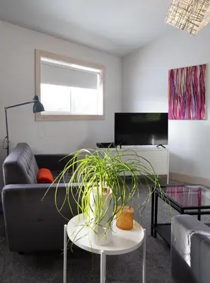 a living room with a couch and a table with a plant at Fieldstone Guesthouse in Clearwater