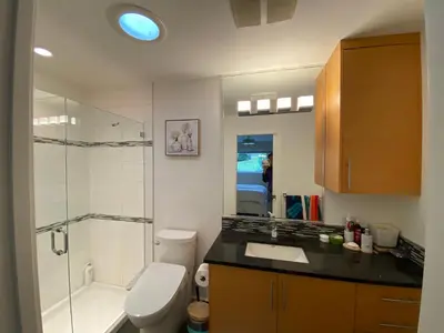a bathroom with a toilet and a sink and a shower at Beachbreeze Panoramic Oceanview 5BR 4BA Romantic Sunrise & Celestial Views in Mill Bay