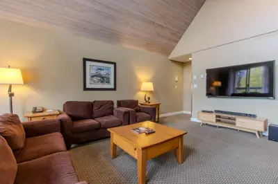 a living room with a couch and a tv at The Snowbird by Whiski Jack in Whistler