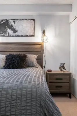 a bedroom with a bed and a night stand at Cozy & Spacious 2BR in Downtown very close to Stampede and 17th Ave with Parking and AC in Calgary