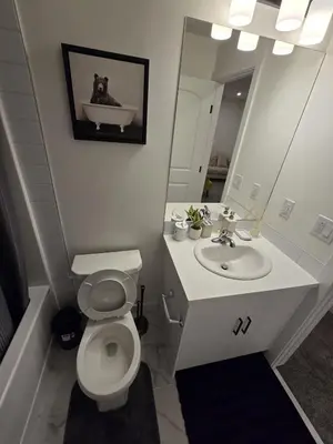 a bathroom with a toilet and a sink and a mirror at Modern Comfort - With AC in Calgary